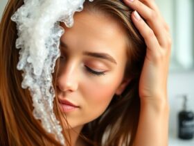 woman using sensitive scalp shampoo for healthy hair and scalp care