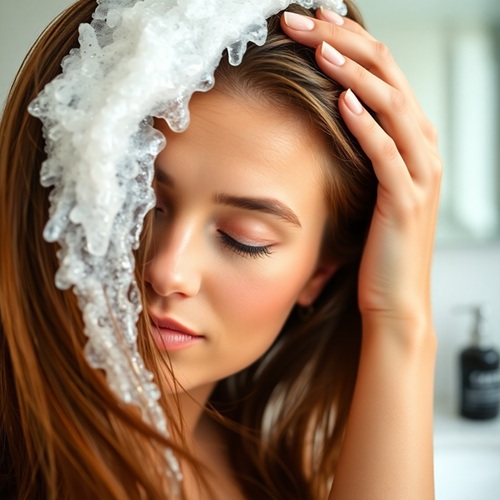 woman using sensitive scalp shampoo for healthy hair and scalp care