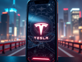 Futuristic Tesla smartphone concept showing advanced AI and satellite connectivity features