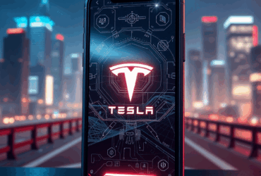 Futuristic Tesla smartphone concept showing advanced AI and satellite connectivity features