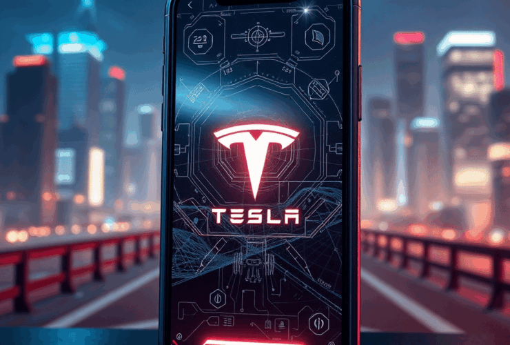 Futuristic Tesla smartphone concept showing advanced AI and satellite connectivity features