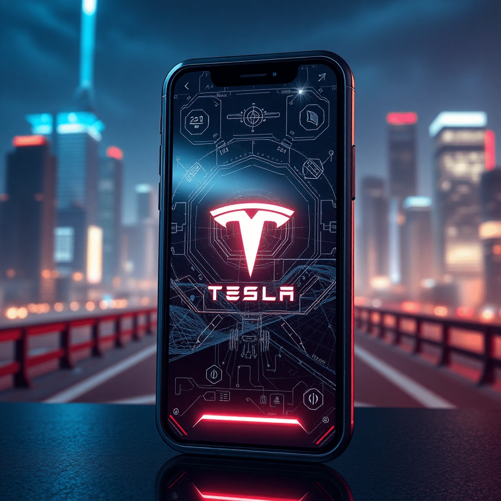 Futuristic Tesla smartphone concept showing advanced AI and satellite connectivity features