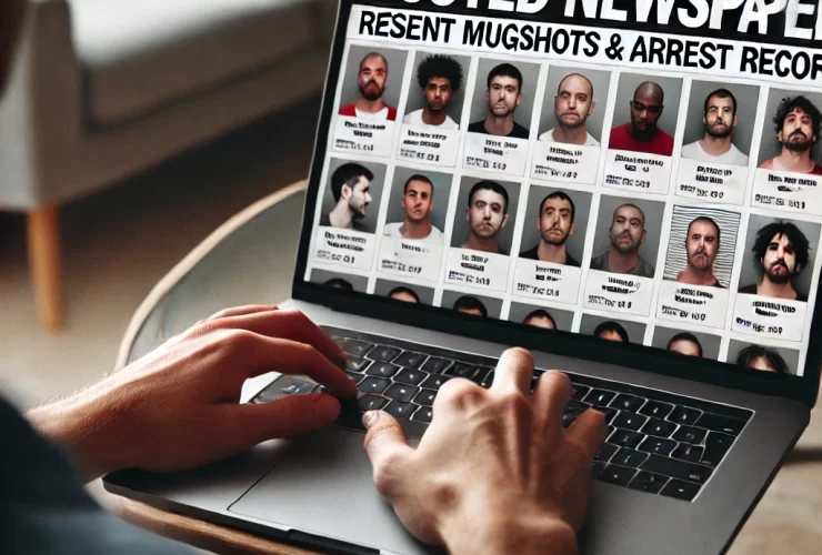 Illustration explaining how BustedNewspaper displays public arrest records and mugshots for informational purposes.
