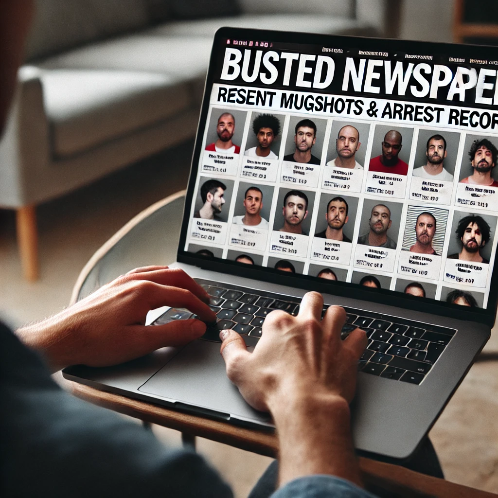 Illustration explaining how BustedNewspaper displays public arrest records and mugshots for informational purposes.