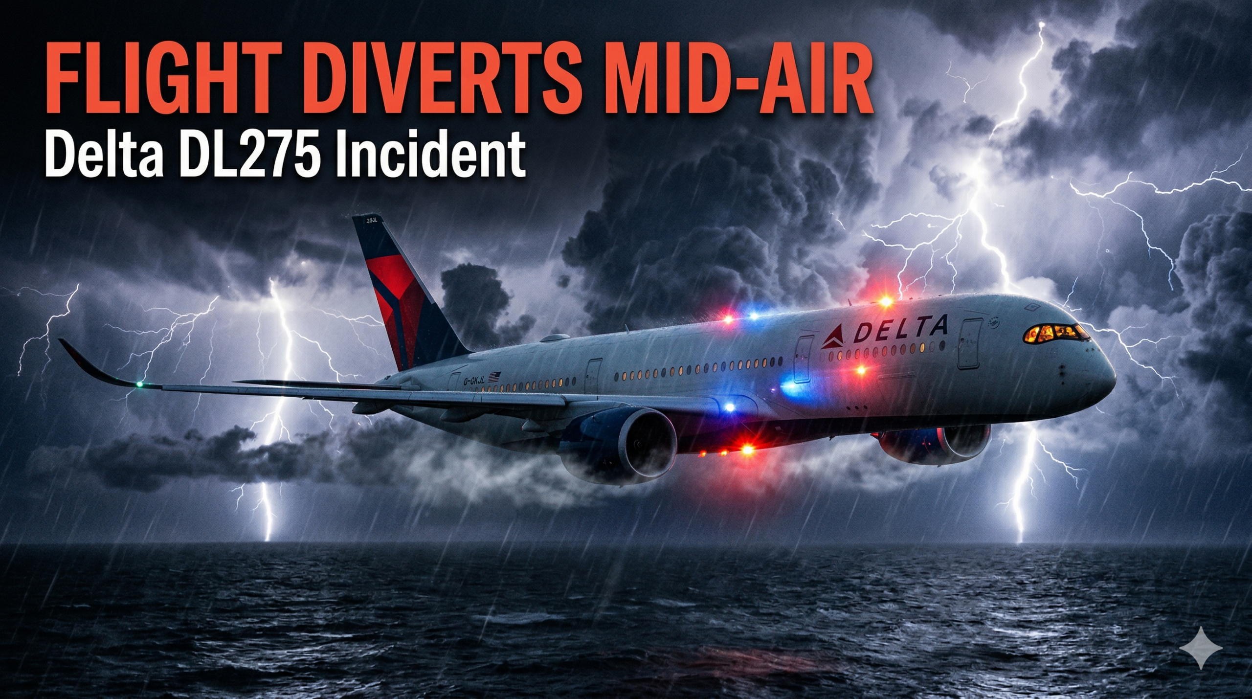 Delta flight DL275 diverted LAX at night over ocean with storm clouds and emergency situation