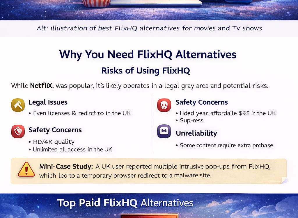 Illustration of best FlixHQ alternatives for movies and TV shows including Netflix, Disney+, Amazon Prime Video, BBC iPlayer, Tubi, and Crackle across multiple devices.