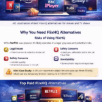 Illustration of best FlixHQ alternatives for movies and TV shows including Netflix, Disney+, Amazon Prime Video, BBC iPlayer, Tubi, and Crackle across multiple devices.