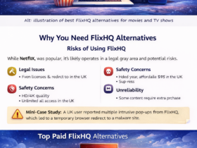 Illustration of best FlixHQ alternatives for movies and TV shows including Netflix, Disney+, Amazon Prime Video, BBC iPlayer, Tubi, and Crackle across multiple devices.