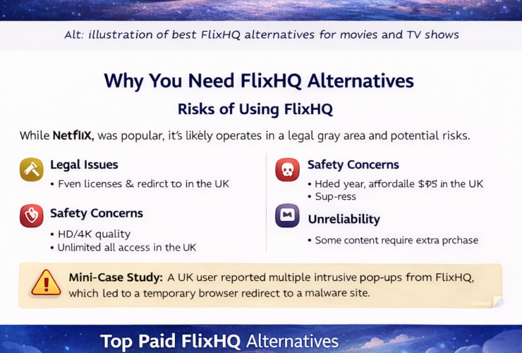 Illustration of best FlixHQ alternatives for movies and TV shows including Netflix, Disney+, Amazon Prime Video, BBC iPlayer, Tubi, and Crackle across multiple devices.