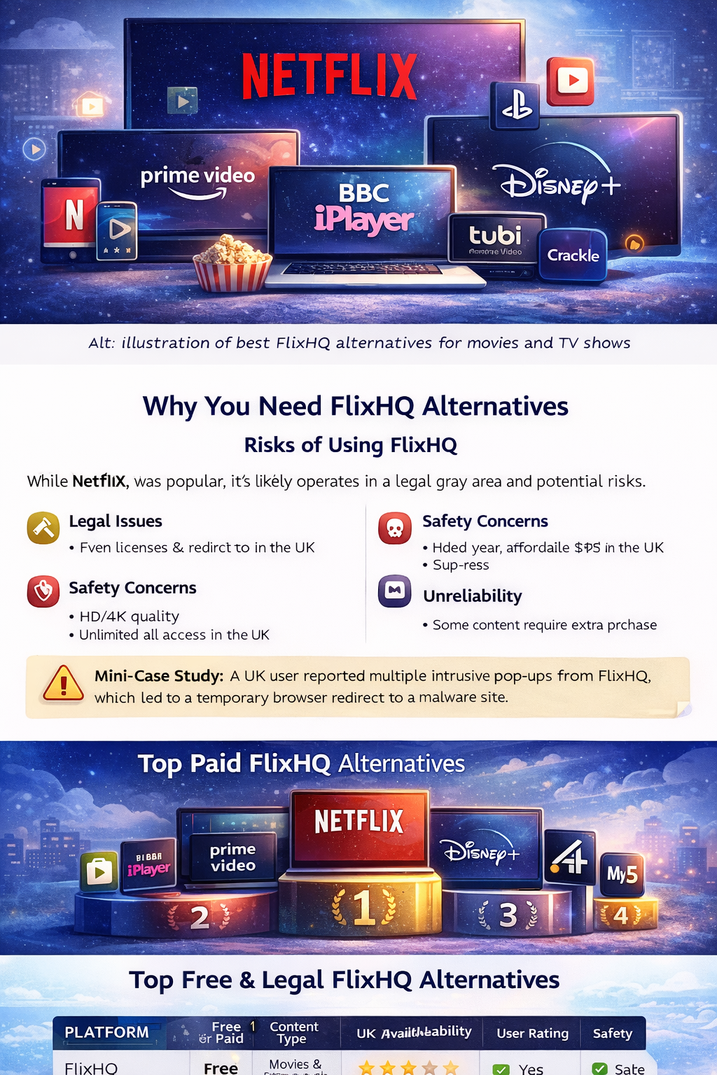 Illustration of best FlixHQ alternatives for movies and TV shows including Netflix, Disney+, Amazon Prime Video, BBC iPlayer, Tubi, and Crackle across multiple devices.
