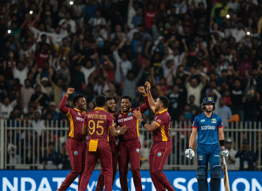 West Indies vs Scotland T20 World Cup 2026 match as West Indies secure a 35-run victory