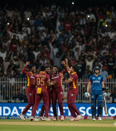 West Indies vs Scotland T20 World Cup 2026 match as West Indies secure a 35-run victory