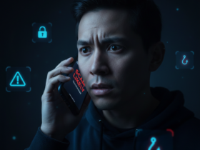 Person receiving a suspicious scam phone call with fraud warning on smartphone screen