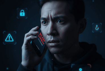 Person receiving a suspicious scam phone call with fraud warning on smartphone screen