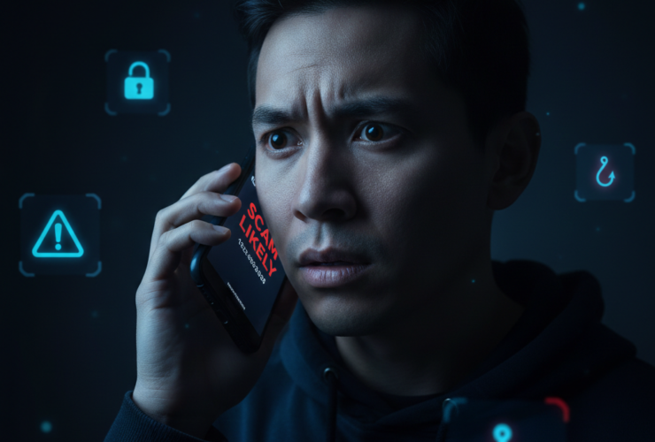 Person receiving a suspicious scam phone call with fraud warning on smartphone screen