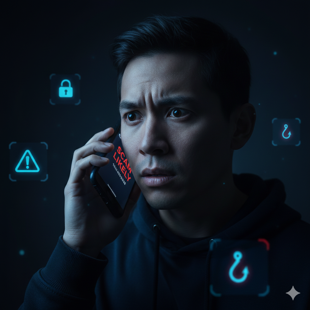 Person receiving a suspicious scam phone call with fraud warning on smartphone screen