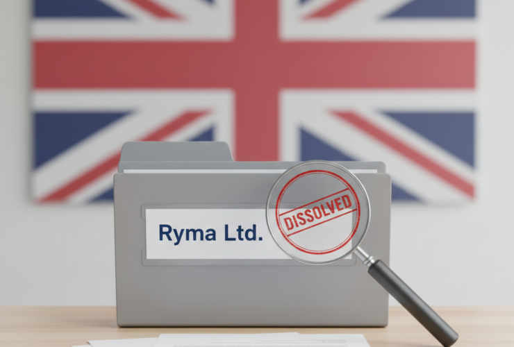 A professional business-themed illustration representing a dissolved UK company. Minimalist design showing a modern office desk with documents, a magnifying glass over a company file labeled “Ryma Ltd”, a subtle UK flag in the background, and a stamp reading “Dissolved”. Neutral colors, clean layout, corporate and informational tone, no people, no logos, no dramatic effects, suitable for an informational business article.