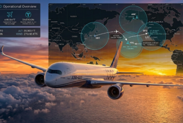 Airbus A350 aircraft flying above clouds during long haul flight