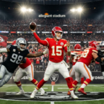 A high-intensity American football game scene between Las Vegas Raiders and Kansas City Chiefs, dramatic stadium lighting, quarterback in red jersey throwing a pass under pressure, defender in black and silver rushing, packed stadium crowd, motion blur, cinematic action shot, ultra-realistic, 4K, sports photography style, ESPN style, sharp focus, dynamic composition