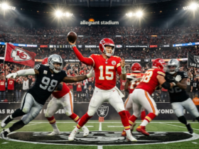 A high-intensity American football game scene between Las Vegas Raiders and Kansas City Chiefs, dramatic stadium lighting, quarterback in red jersey throwing a pass under pressure, defender in black and silver rushing, packed stadium crowd, motion blur, cinematic action shot, ultra-realistic, 4K, sports photography style, ESPN style, sharp focus, dynamic composition