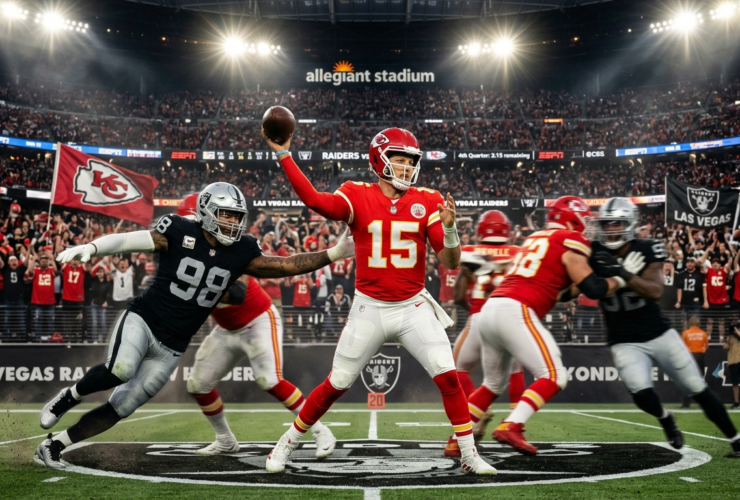 A high-intensity American football game scene between Las Vegas Raiders and Kansas City Chiefs, dramatic stadium lighting, quarterback in red jersey throwing a pass under pressure, defender in black and silver rushing, packed stadium crowd, motion blur, cinematic action shot, ultra-realistic, 4K, sports photography style, ESPN style, sharp focus, dynamic composition