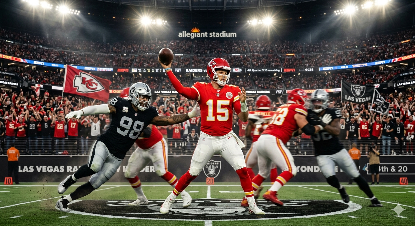 A high-intensity American football game scene between Las Vegas Raiders and Kansas City Chiefs, dramatic stadium lighting, quarterback in red jersey throwing a pass under pressure, defender in black and silver rushing, packed stadium crowd, motion blur, cinematic action shot, ultra-realistic, 4K, sports photography style, ESPN style, sharp focus, dynamic composition