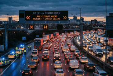 Heavy traffic and lane closures on the M6 motorway near Walsall and Birmingham