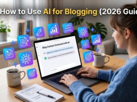 How to use ChatGPT for blogging showing AI content writing on laptop screen