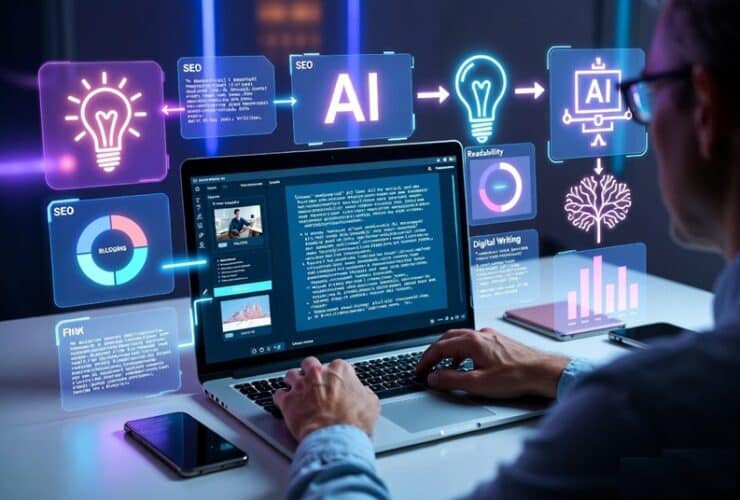 SEO blogger humanizing AI generated content with editing tools and readability optimization