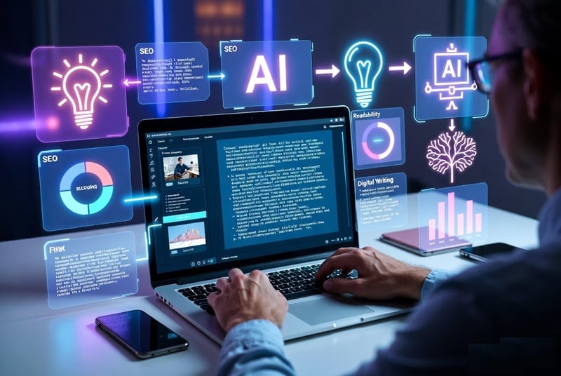 SEO blogger humanizing AI generated content with editing tools and readability optimization