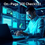 SEO blogger optimizing on-page SEO checklist with keyword research and internal linking strategy