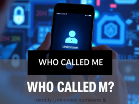 Person checking unknown caller on smartphone with spam call warning and cybersecurity protection graphics