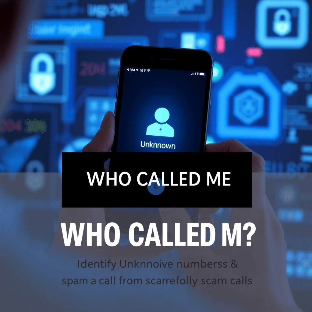 Person checking unknown caller on smartphone with spam call warning and cybersecurity protection graphics