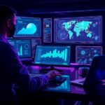 Professional blogger researching profitable AI blogging niches with SEO analytics and topic clusters