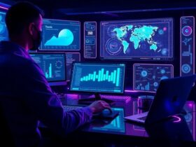 Professional blogger researching profitable AI blogging niches with SEO analytics and topic clusters