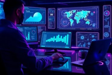 Professional blogger researching profitable AI blogging niches with SEO analytics and topic clusters