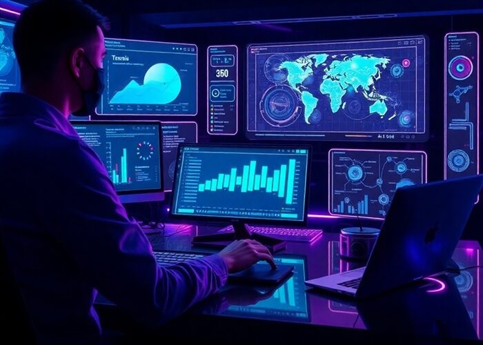 Professional blogger researching profitable AI blogging niches with SEO analytics and topic clusters