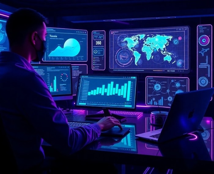 Professional blogger researching profitable AI blogging niches with SEO analytics and topic clusters