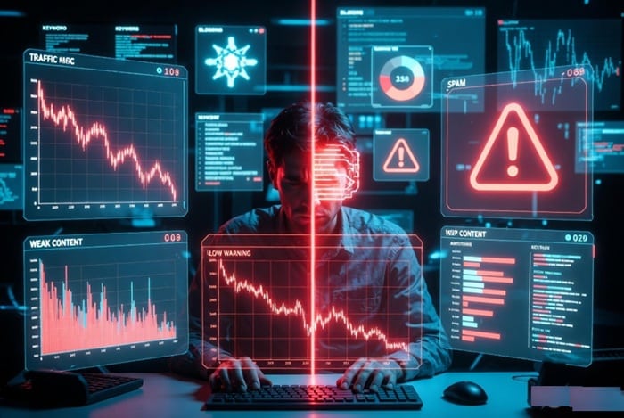 SEO blogger analyzing AI blogging mistakes that caused Google ranking drops and traffic loss