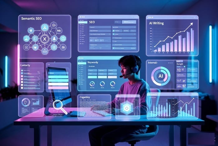 Beginner blogger learning AI SEO strategy with keyword research and Google ranking analytics