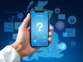 Person checking an unknown caller on a smartphone using a phone number lookup service to identify spam calls and avoid scams in the UK