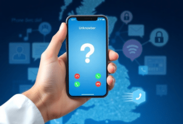 Person checking an unknown caller on a smartphone using a phone number lookup service to identify spam calls and avoid scams in the UK