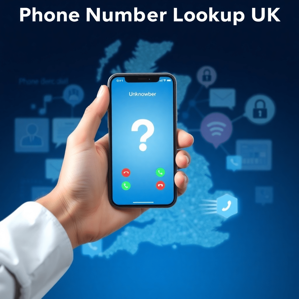 Person checking an unknown caller on a smartphone using a phone number lookup service to identify spam calls and avoid scams in the UK